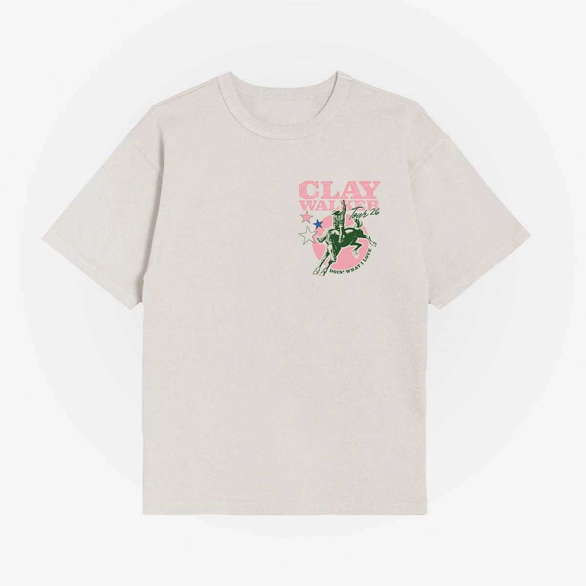 Beige t-shirt with graphic design and text on a white background