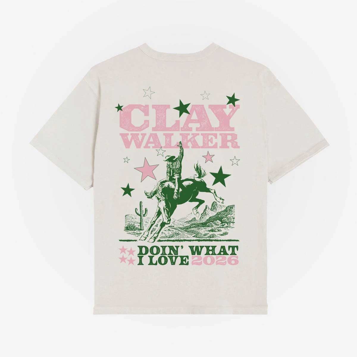 White t-shirt with 'Clay Walker' graphic and text on a white background