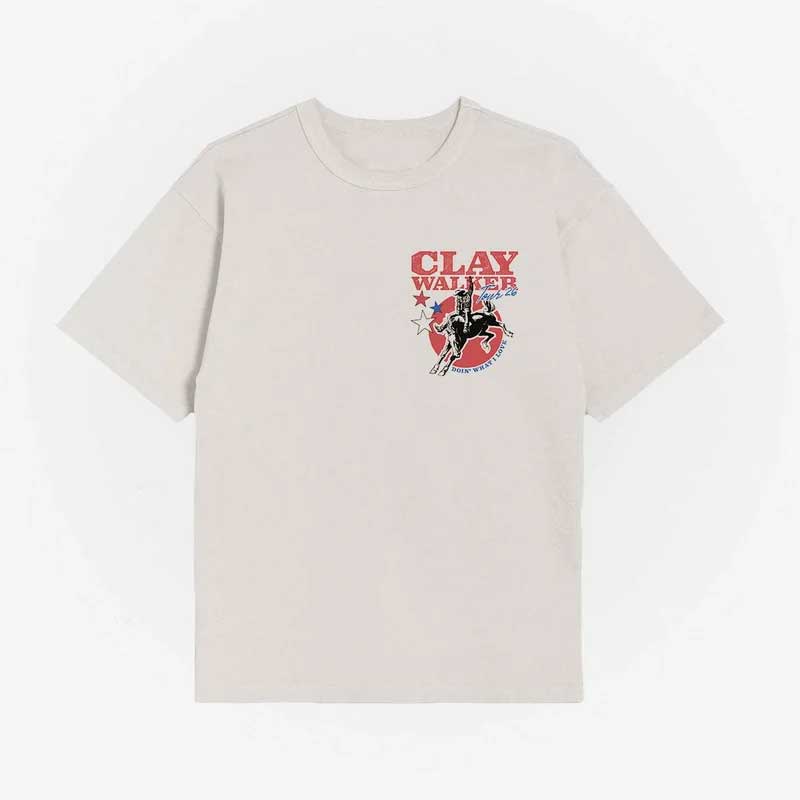 Beige t-shirt with 'Clay Walker' graphic design on a white background