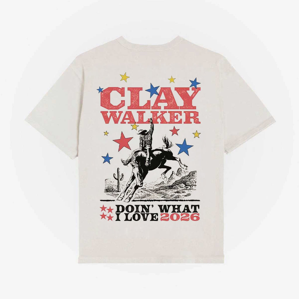 White t-shirt with 'Clay Walker Doin' What I Love 2026' graphic on a white background