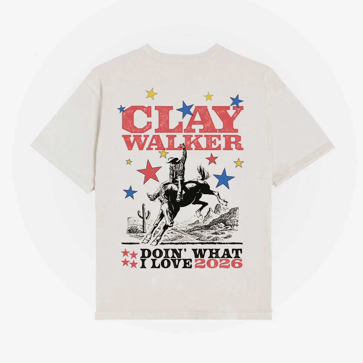 White t-shirt with 'Clay Walker Doin' What I Love 2026' graphic on a white background