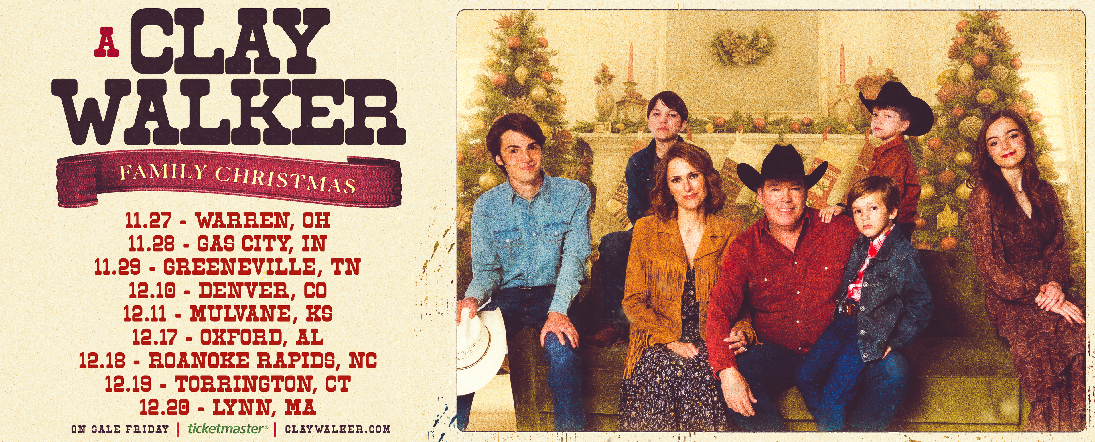 Promotional poster for Clay Walker Family Christmas, featuring the title in large black letters on a cream background, a list of tour dates on the left, and a family portrait of the performers on the right.