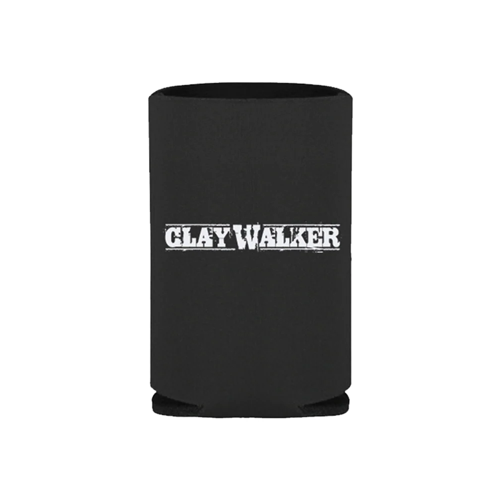 Black koozie can cooler with 'CLAY WALKER' logo on a white background