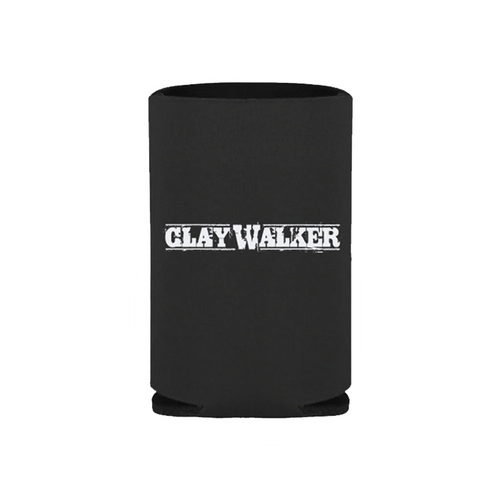 Black koozie can cooler with 'CLAY WALKER' logo on a white background